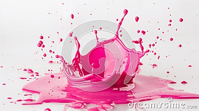 A bright pink paint splash, capturing the energetic dispersal of droplets, set on a stark, white isolated background Stock Photo