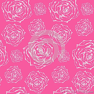 Bright pink pattern with white outline roses Vector Illustration