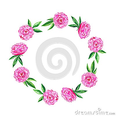 Bright pink peonies. Round floral frame. Watercolor hand drawn illustration Stock Photo