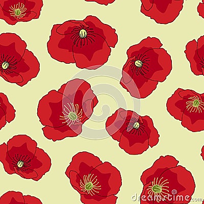 Bright poppies seamless pattern on light yellow background Vector Illustration