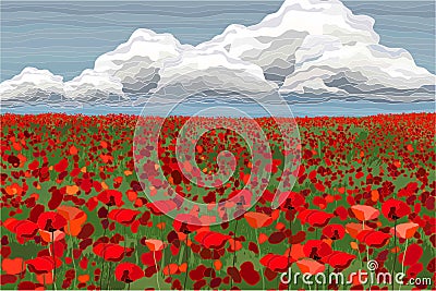 Bright poppy field with clouds and blue sky vector illustration Vector Illustration