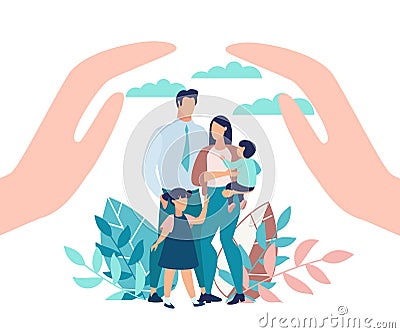 Bright Poster Family Protection with Children. Vector Illustration