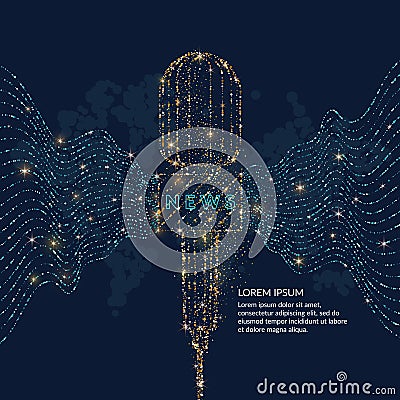 Bright poster with a news microphone, the dynamic waves are made of gold and blue glitter Vector Illustration