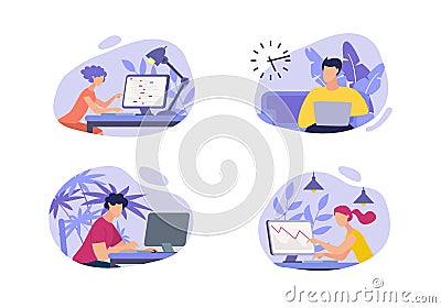 Bright Poster Set Work at Computer in Office. Vector Illustration