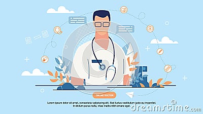 Bright Poster is Written Online Doctor Cartoon. Vector Illustration