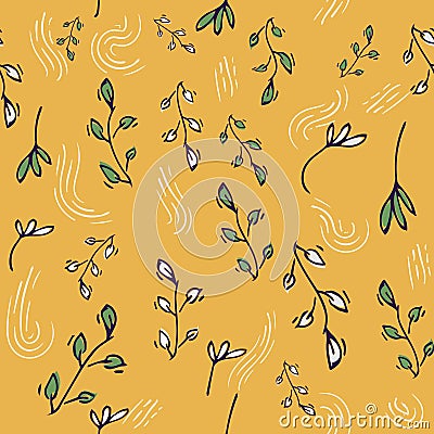 Bright Print with yellow hand drawing Background . Seamless Pattern with doodle Flowers and Leaves .Texture for Vector Illustration