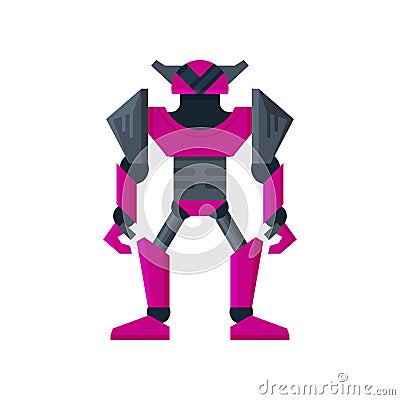 Bright purple steel robot transformer . Artificial intelligence. Strong metal android. Flat vector for mobile game Vector Illustration