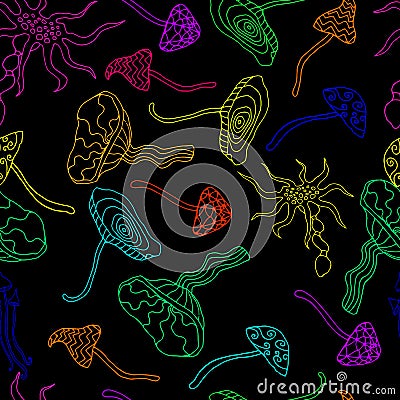 Bright rainbow color hallucinogenic, fantastic mushrooms on a bl Vector Illustration