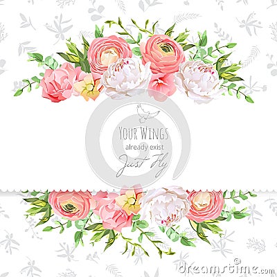 Bright ranunculus, peony, rose, carnation, green plants horizontal vector design frame Vector Illustration