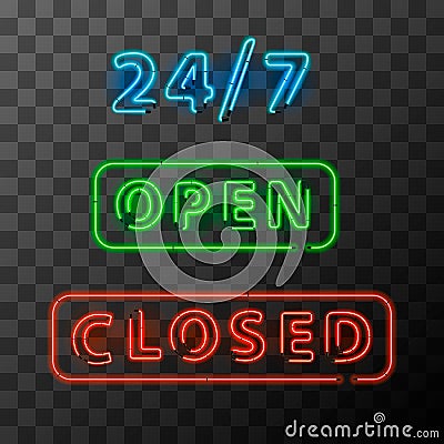 Bright realistic neon open and closed sign Vector Illustration