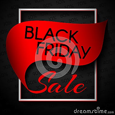 Bright red banner with text Black Friday Sale Promotional discounts and promotions Template in a frame on a black background Vector Illustration