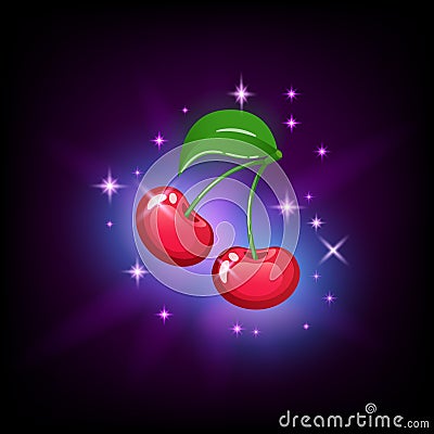 Bright red cherry with green leaf and sparkles, slot icon for online casino or logo for mobile game on dark purple Vector Illustration