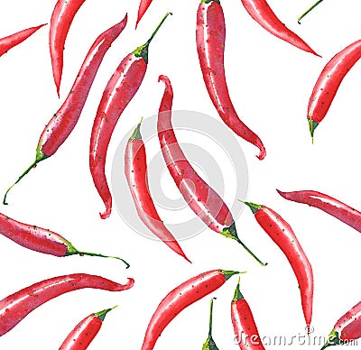 Bright red chili peppers seamless pattern watercolor Cartoon Illustration