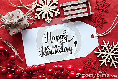 Bright Red Christmas Decoration, Label, Happy Birthday Stock Photo