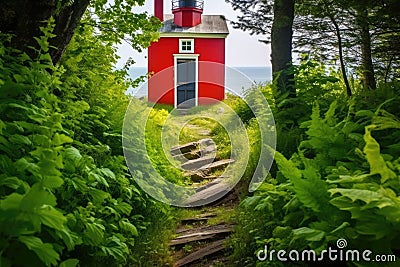 bright red door of an inland lighthouse set in lush greenery Stock Photo