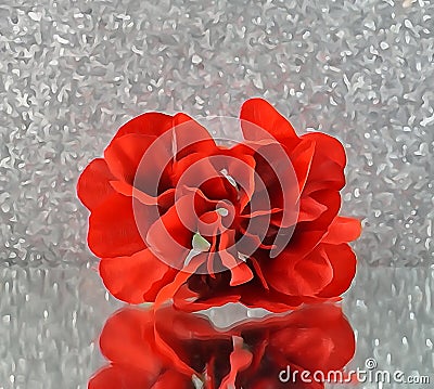 Fine Art Bright Red flowers on a mirror on a silver ;luminous bokeh background with photographic effects Stock Photo