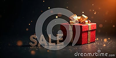 A bright red gift box with a gold ribbon hints at a special sale, amidst shimmering lights and festive vibes Stock Photo