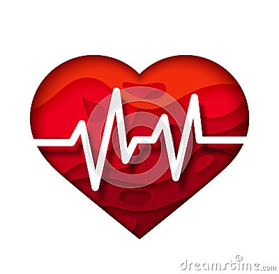 Bright Red heart with cardiogram. Medical design poster. Vector Illustration