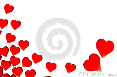 Bright red hearts in two large hearts in the right corner. In order to use Valentine`s Day, weddings, International Women`s Day Stock Photo