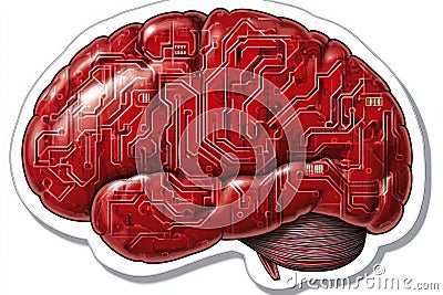 Bright red human brain intricate circuits glowing neural nodes symbolizing AI driven innovation cognitive technology neural Cartoon Illustration