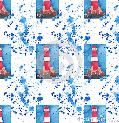 Bright red lighthouse on the cliffs seamless pattern on blue spray watercolor hand sketch Stock Photo