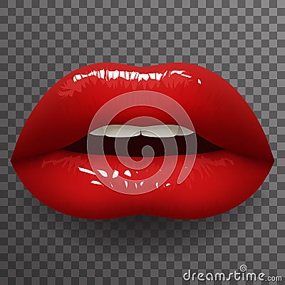 Bright red lipstick lips half open female mouth teeth stylish fashion mockup transparent background design vector Vector Illustration