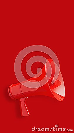 A bright red megaphone is positioned against a vibrant red background. The megaphone is angled slightly towards the viewer, Stock Photo