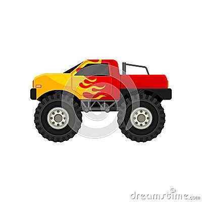 Bright red monster truck with yellow flame decal. Heave car with large tires and black tinted windows. Flat vector icon Vector Illustration