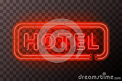 Bright red neon hotel sign board with rectangle frame on transparent Vector Illustration