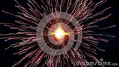 Bright red particles with streams collide and create explosion with trails Stock Photo