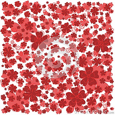 Bright red pattern with lined and colored flowers. Vector Illustration