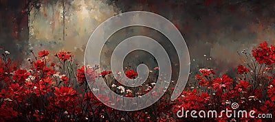 Bright red poppy flowers in a field in vibrant bloom with dark grunge background - generative AI Stock Photo