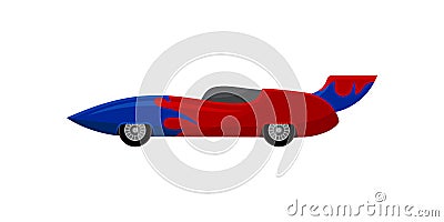 Bright red racing car with blue wrap decal and spoiler. Vintage automobile. Extreme auto sport. Flat vector icon Vector Illustration