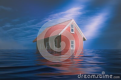 Bright Red Siding House in water flood Stock Photo