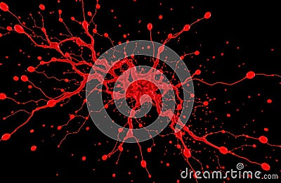 Bright red substance explodes in dynamic splash on dark backdrop. Fast action with vigorous spreading, splattering motion Stock Photo