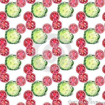 Bright ripe tasty delicious beautiful agriculture summer salad green cabbage and red tomatoes chopped and sliced pattern watercolo Cartoon Illustration