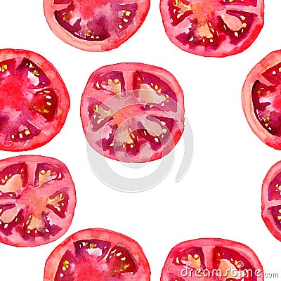 Bright ripe tasty delicious beautiful agriculture summer salad red tomatoes chopped and sliced pattern watercolor hand illustratio Cartoon Illustration