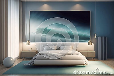 Bright room with a double bed and a large abstract painting with a surreal wave on the wall above the bed, made with generative ai Stock Photo