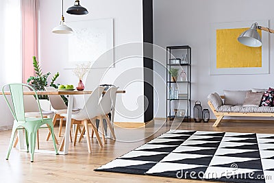 Bright room with geometric carpet Stock Photo