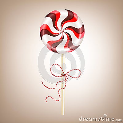 Bright round striped red brown lollipop with decorative cord. Berry and chocolate candy on a stick. Realistic 3D Vector Vector Illustration