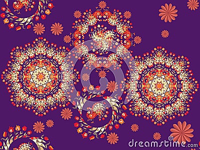 Bright russian seamless pattern with peacocks and floral round ornament Vector Illustration