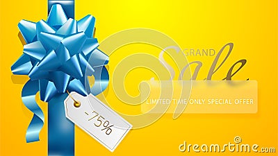 Bright Sale Banner. Decorative blue ribbon bow with white price tag on yellow background. Vector tag, decorative golden text. Vector Illustration