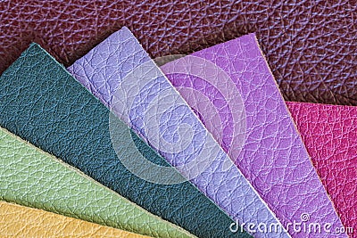 Bright samples of colorful genuine leather, texture, for background. Stock Photo