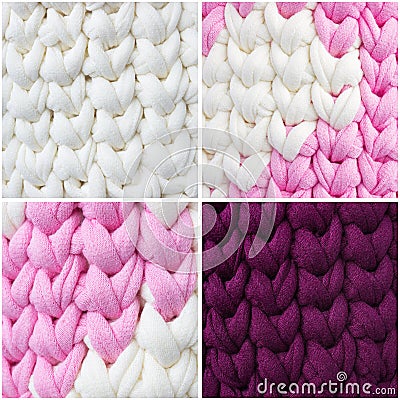 Bright samples of crochet stitches collage. Pink, white, Burgundy crochet textile pattern. Thick ribbon cotton yarn Stock Photo