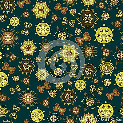 Bright saturated abstract pattern. Seamless vector with different yellow, green and brown elements on a dark green Vector Illustration