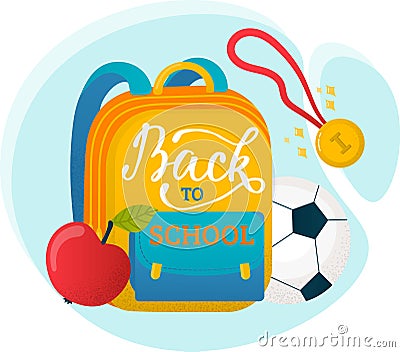 Bright school backpack text Back School, apple, soccer ball, whistle. Education theme, supplies Vector Illustration