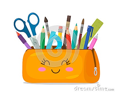 Bright school pencil case filled with school stationery such as pens, pencils, scissors, ruler, brushes. September 1 concept, go Vector Illustration