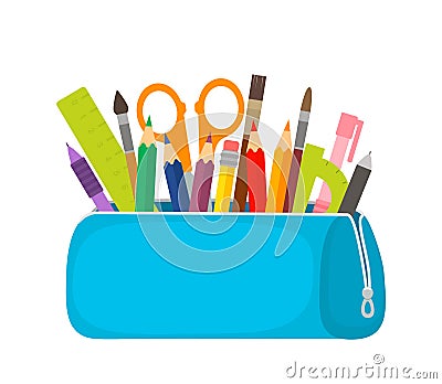 Bright school pencil case with filling school stationery such as pens, pencils, scissors, ruler, tassels. concept of September 1, Cartoon Illustration