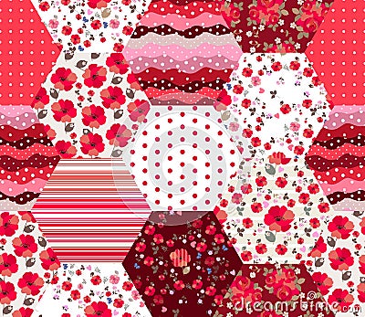 Bright seamless patchwork pattern in red colors. Patches with floral and geometric ornament. Trendy quilt design Vector Illustration