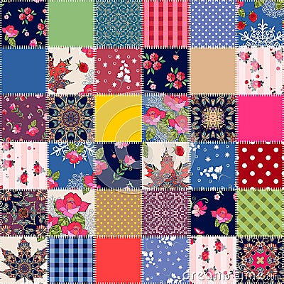 Bright seamless patchwork pattern from square patches. Colorful quilt design Vector Illustration